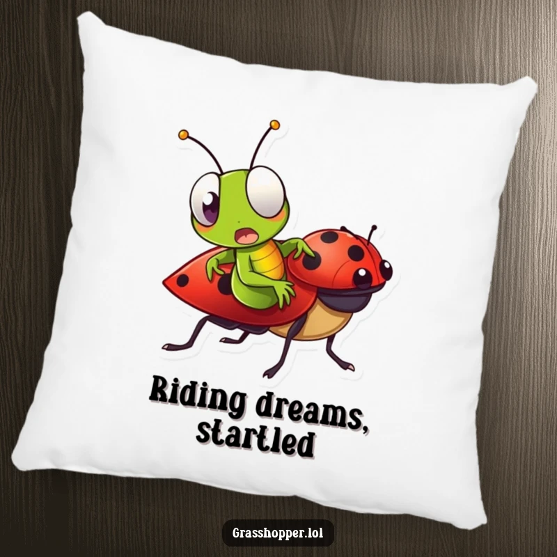 Funny Grasshopper Pillow showing a grasshopper with a surprised face riding a ladybug, adding comfort and humor.