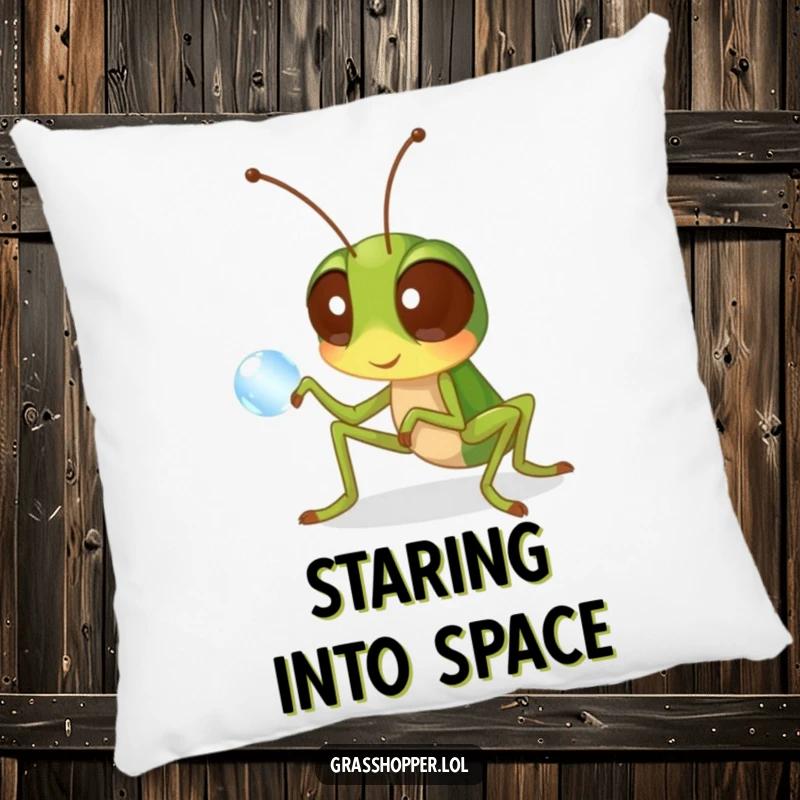 Funny grasshopper pillow with a curious insect examining a dewdrop, offering comfort and a humorous appreciation for nature.