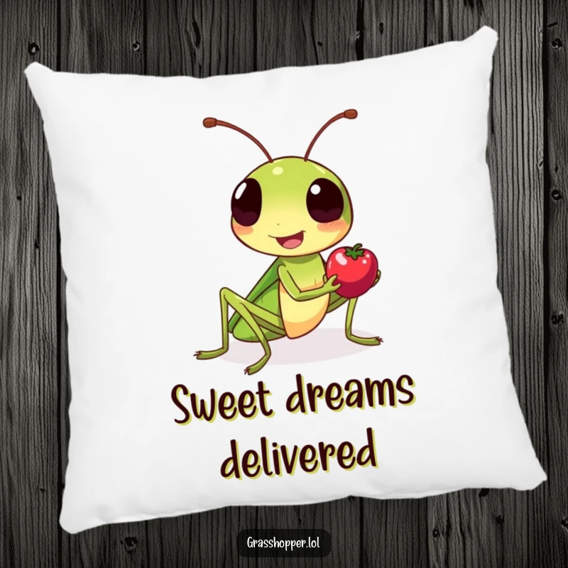 Funny grasshopper pillow, smiling kindly, offering a tiny berry, radiating warmth and friendship.