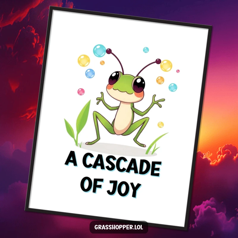 Funny digital art print of a grasshopper gleefully juggling colorful dewdrops, perfect for instant decor and funny gifts.