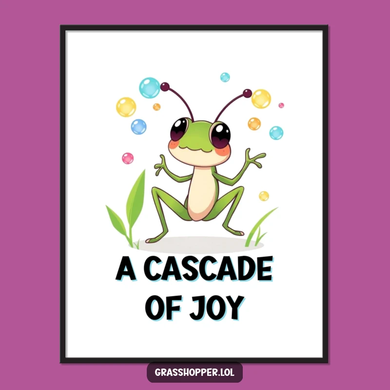 Funny Grasshopper Digital Art Print: Juggling Dewdrops, Whimsical Humor Decor