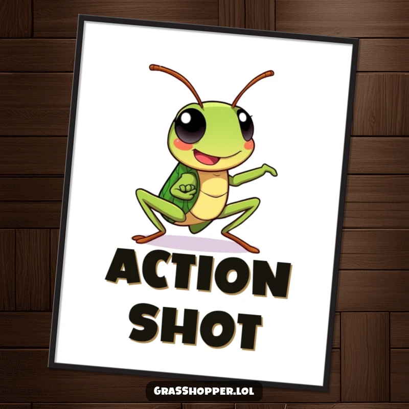 Kawaii grasshopper digital art print of a happy grasshopper striking a dynamic pose, radiating energy and action.