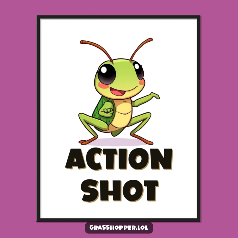 Kawaii Grasshopper Digital Art: Dynamic Pose Happy Expression, Instant Energetic Decor!