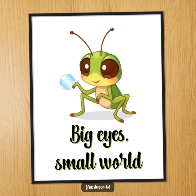 Funny grasshopper digital art print of a curious insect with wide eyes inspecting a dewdrop, adding gentle humor.
