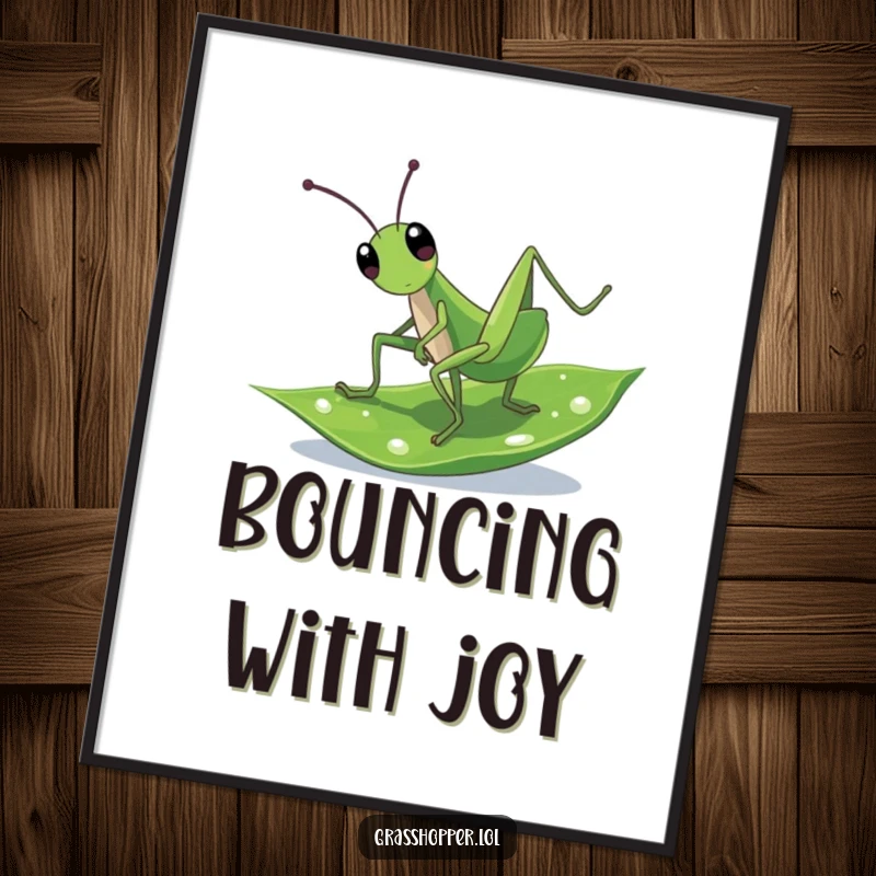 Funny Digital Art: A grasshopper energetically cartwheeling on a leaf glistening with dew, embodying nature's fun.