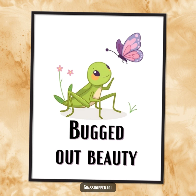 Funny digital art print of a grasshopper playfully bopping a butterfly, ideal for instant humorous wall decor.