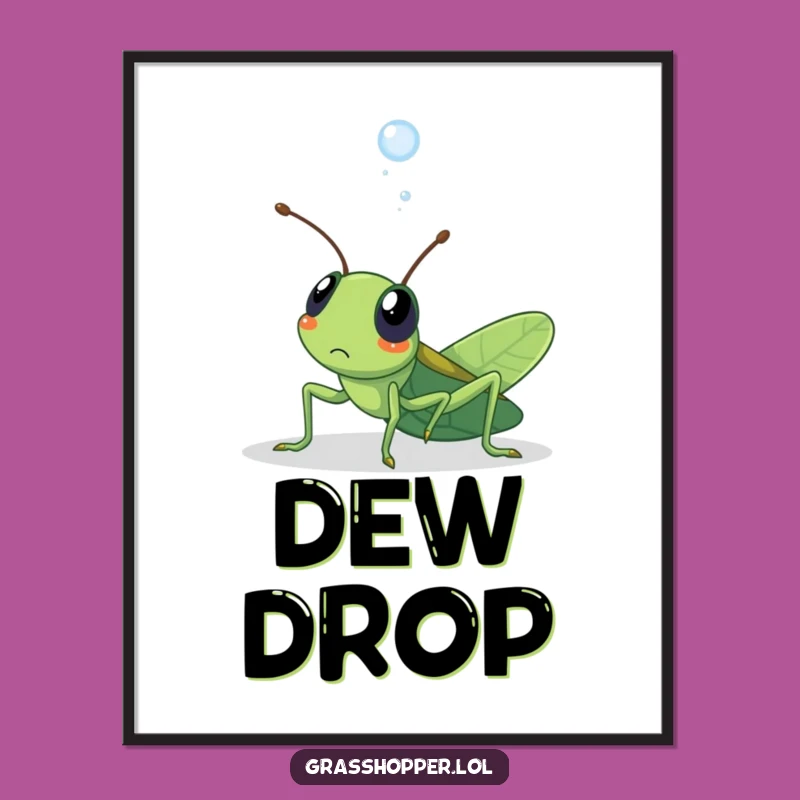Funny Surprised Grasshopper Digital Art: Dewdrop Surprise, Instant Cute Decor!