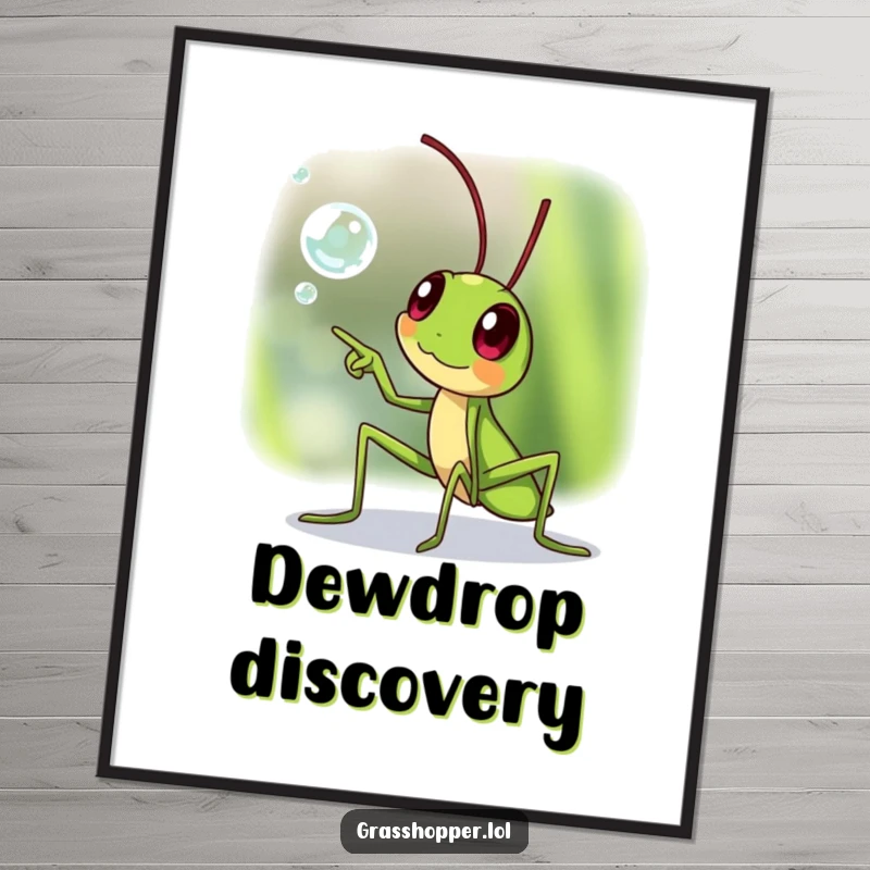 Funny grasshopper digital art print, pointing excitedly at a dewdrop, ready to download and frame, a funny gift.