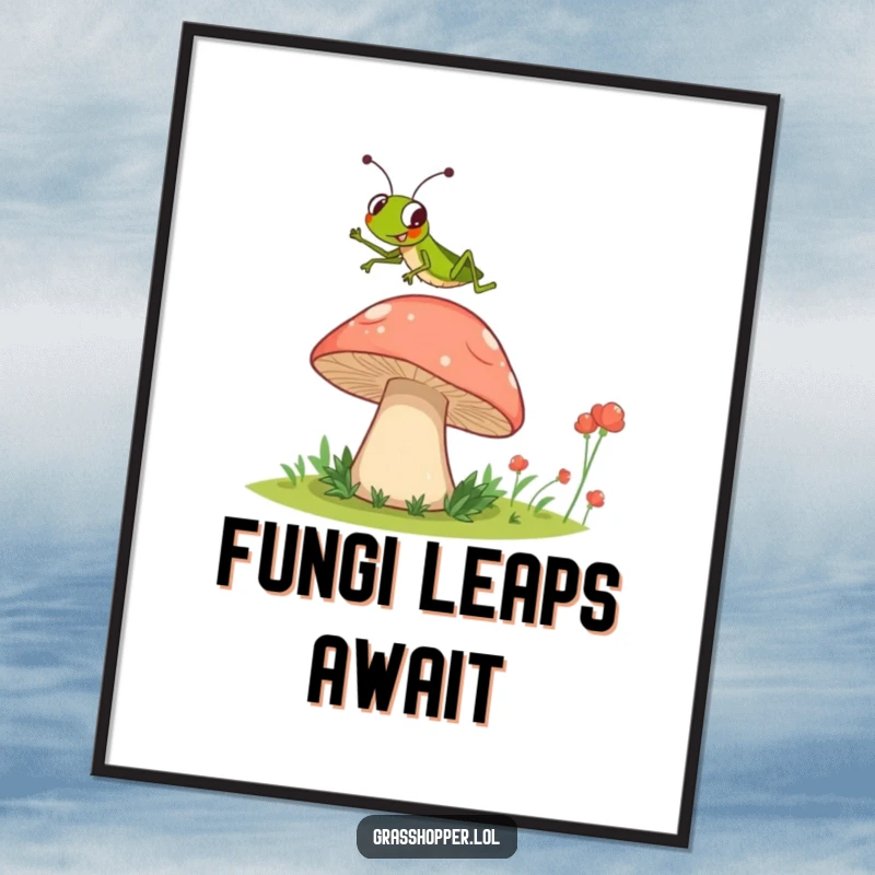 Funny Grasshopper Digital Art Print of a grasshopper leaping energetically over a huge mushroom, perfect for wall art.