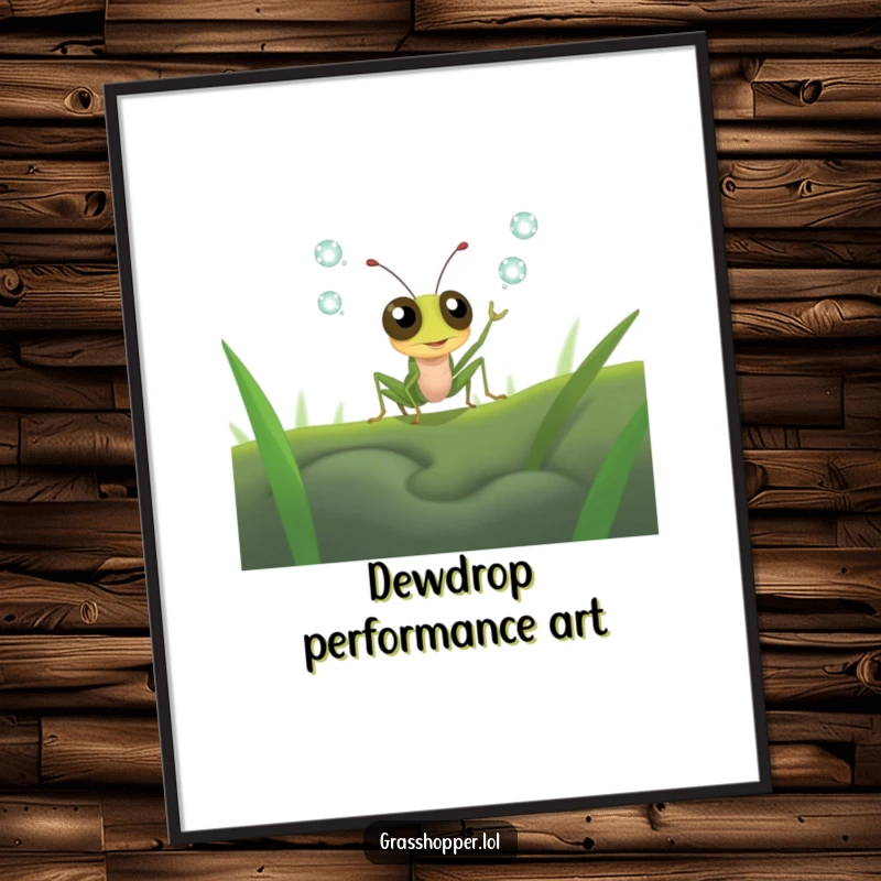 Funny grasshopper with wide, panicked eyes attempting to juggle multiple dewdrops, vibrant digital art print gift.