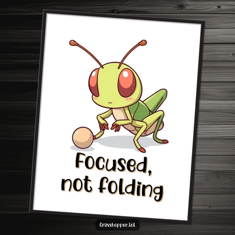 Funny kawaii grasshopper with a determined expression, bouncing a small ball, a motivational piece of digital art.