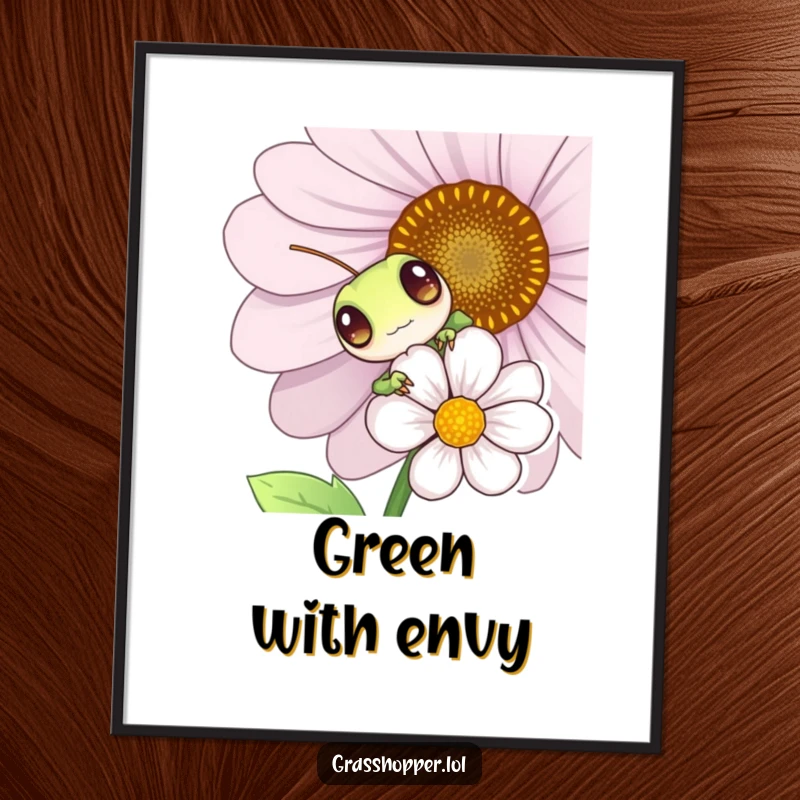 Funny grasshopper peeking from behind a flower, high-resolution digital art, playful insect illustration, instant humorous decor.