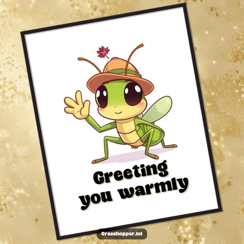 Funny Grasshopper Digital Art Print of a hat-wearing insect waving hello, ideal for digital decoration and adding cheer.