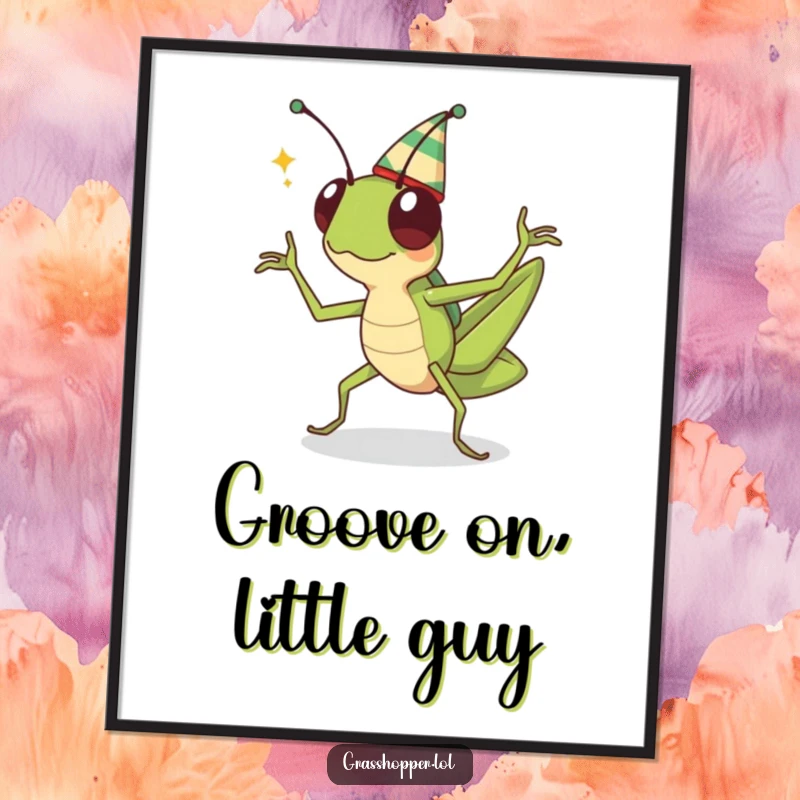 Funny kawaii grasshopper wearing a hat, performing a vibrant celebratory dance, a cheerful piece of digital art.