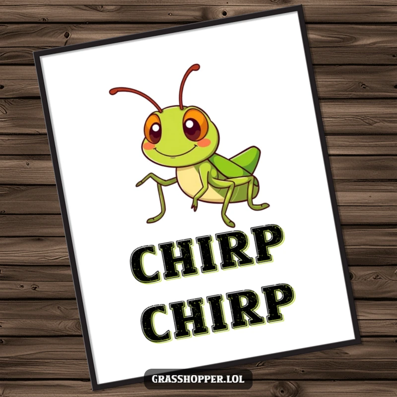 Kawaii grasshopper digital art print of a cute grasshopper with a silly grin, waving its antennae, radiating happiness.