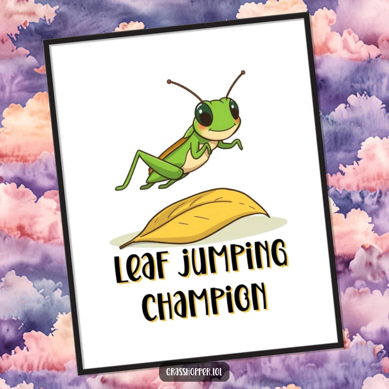 Funny grasshopper captured in a joyful leap over a colorful fallen leaf, dynamic digital art print gift.