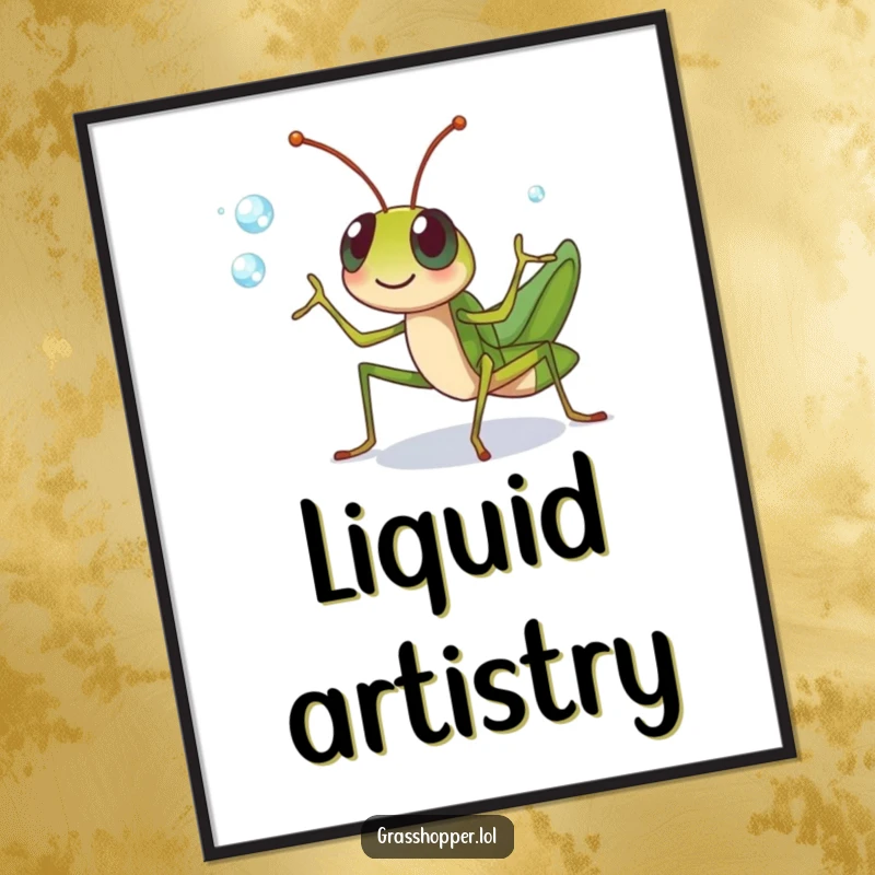 Funny grasshopper character cheerfully juggling dewdrops with its legs on this digital art print, an instant funny gift.