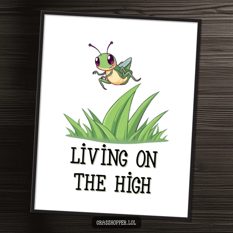 Funny Grasshopper Digital Art Print of a happy grasshopper in mid-leap over a blade of grass, ready for instant display.