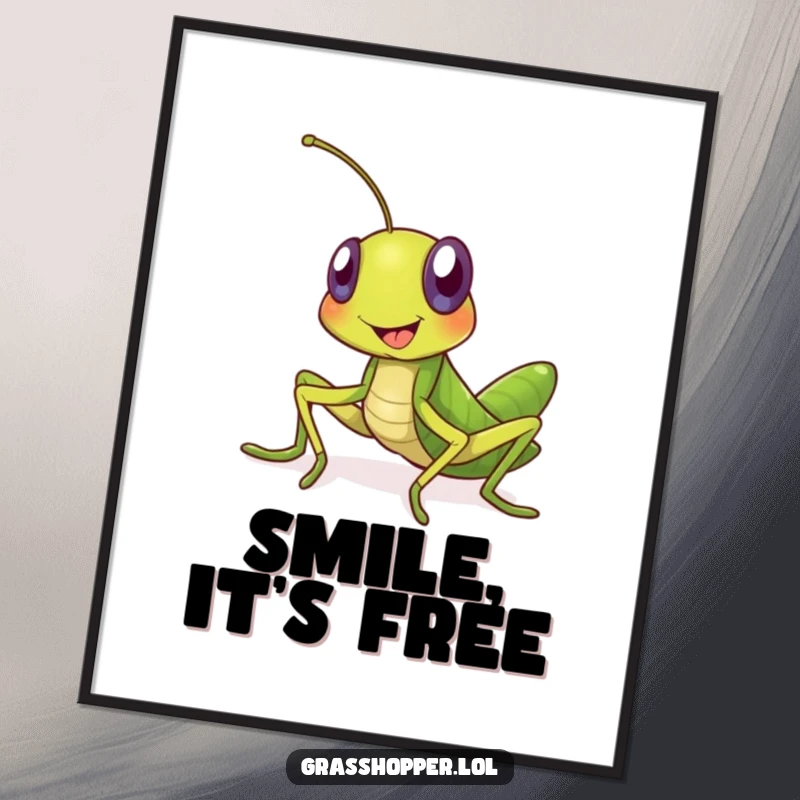 Funny grasshopper digital art print showing a big smiling insect extending an invitation. Ideal for wall art enthusiasts seeking funny gifts.