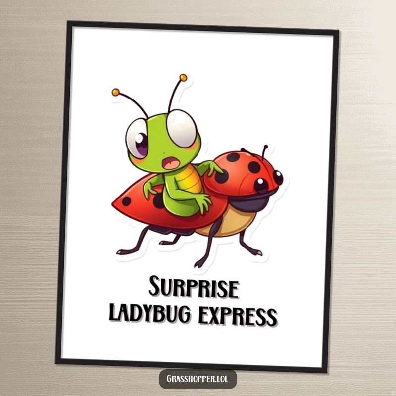 Funny Grasshopper Digital Art Print of a surprised grasshopper riding a ladybug, perfect for wall art.