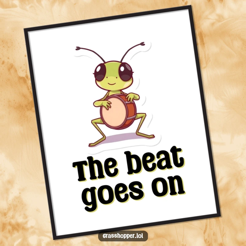 Funny grasshopper digital art print, energetically playing a tiny drum with its front legs, creating a beat.