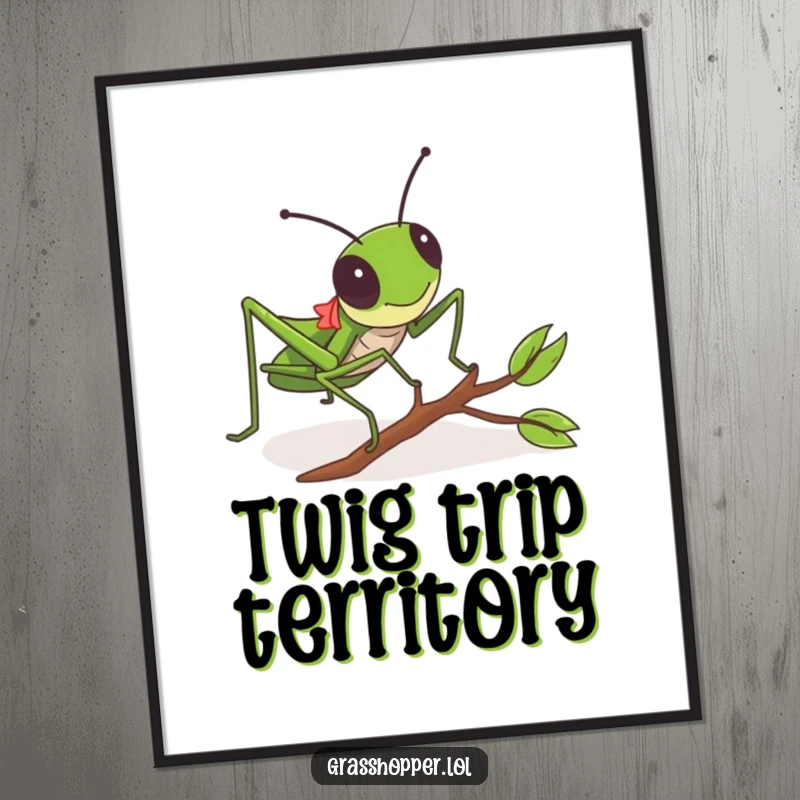 Funny Grasshopper Digital Art Print of a grasshopper comically tripping over a twig, perfect for wall decor.