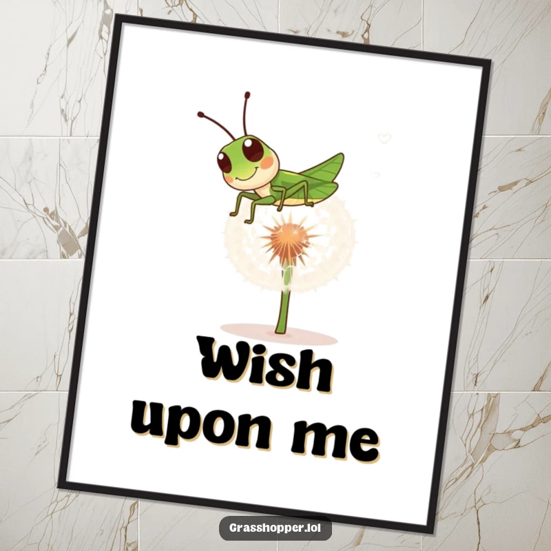 Funny grasshopper digital art print of a playful insect bouncing on a dandelion puff, adding cheerful humor.