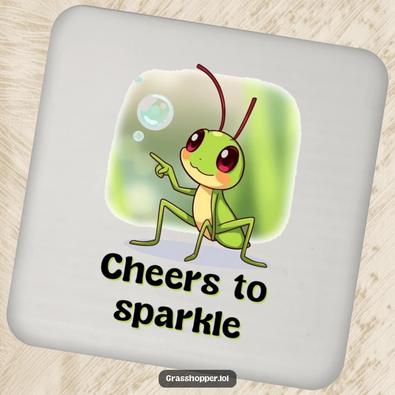 Funny grasshopper drink coasters, pointing excitedly at a dewdrop, protecting surfaces with humor, a funny gift.