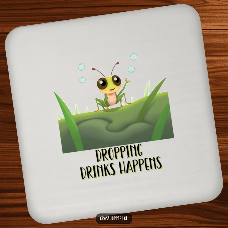 Funny grasshopper with wide, startled eyes attempting to juggle dewdrops on a drink coaster, cute and functional gift.