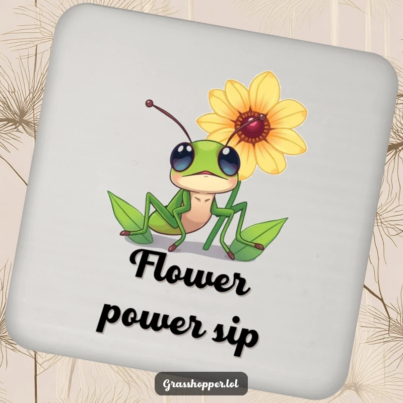 Funny grasshopper coaster, with wide, amazed eyes, looking up at a magnificent flower, protecting tables.