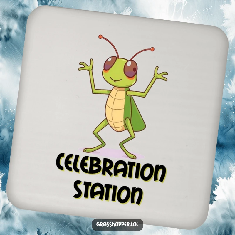 Funny grasshopper drink coasters, captured mid-dance celebration, protecting surfaces with humor, a funny gift.