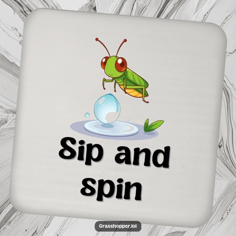 Funny Grasshopper Coaster with a grasshopper spinning on a dewdrop, adding whimsical protection.