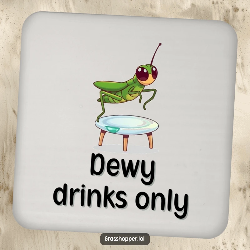 Funny Coaster showing a grasshopper energetically bouncing on a dewdrop trampoline, adding a playful accent to drink service.