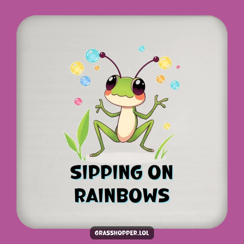 Funny Grasshopper Drink Coaster Set: Juggling Dewdrops, Whimsical Humor