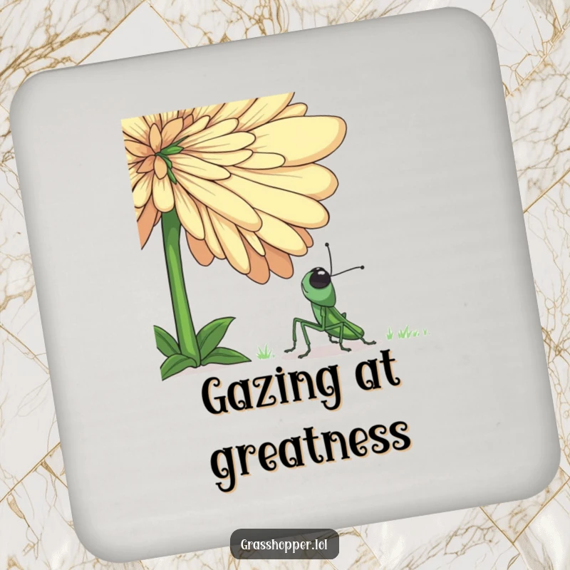 Funny grasshopper coasters depicting a small insect looking up at a large flower, adding a humorous and artistic touch to any table.