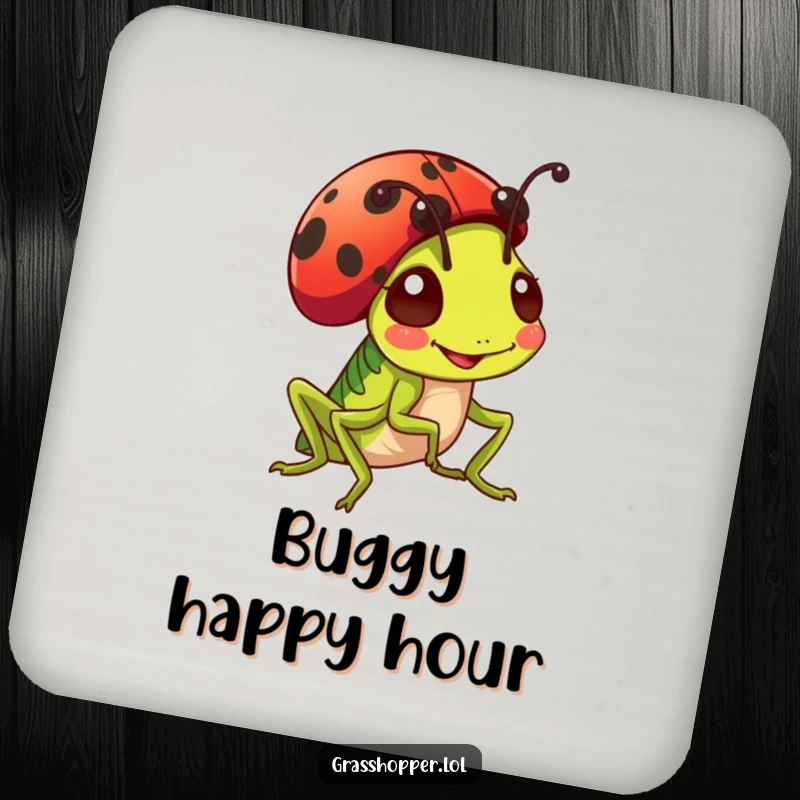 Funny grasshopper wearing a ladybug as a hat on a drink coaster, cute and functional home decor gift.
