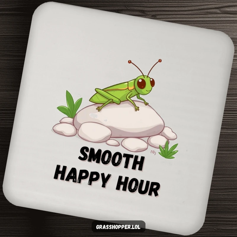 Funny Grasshopper Coaster featuring a happy insect sliding down a pebble, perfect for protecting surfaces with humor.