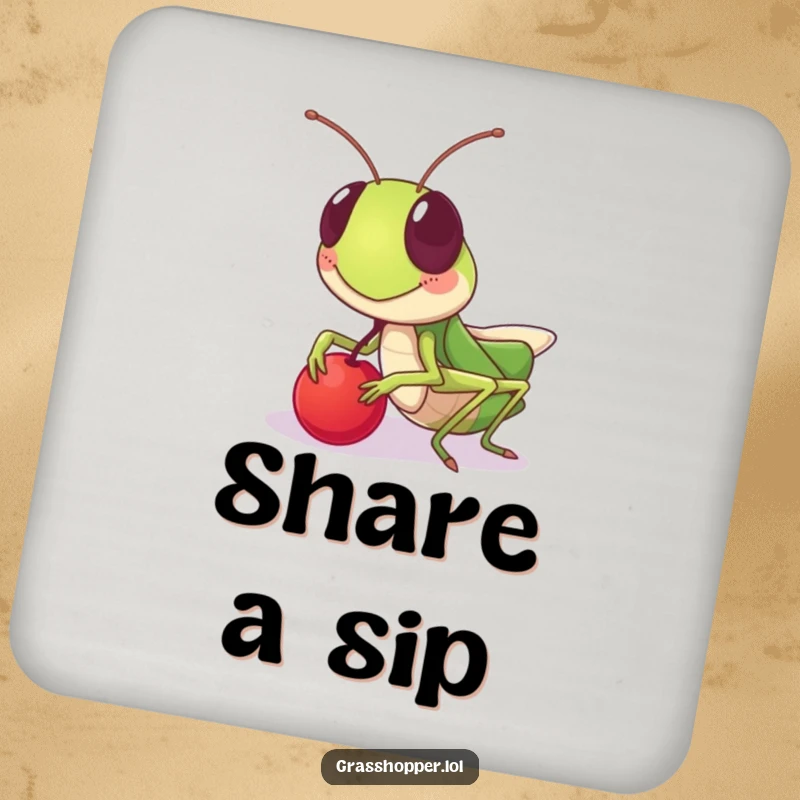 Funny grasshopper drink coasters, sharing a berry with a friendly grin, protecting surfaces with humor, a funny gift.