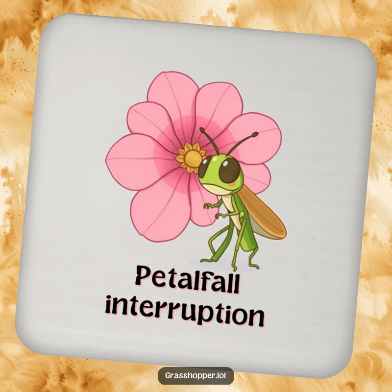 Funny grasshopper drink coasters, depicting surprise at a falling petal, protecting furniture with humor, a funny gift.