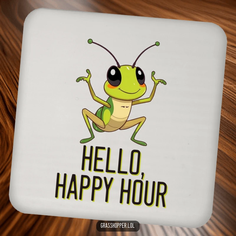 Funny Coasters: A grasshopper enthusiastically waving its antenna, adding friendly charm to surface protection.