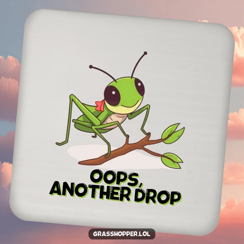 Funny Grasshopper Coaster with a grasshopper hilariously tripping over a twig, adding comedic charm.