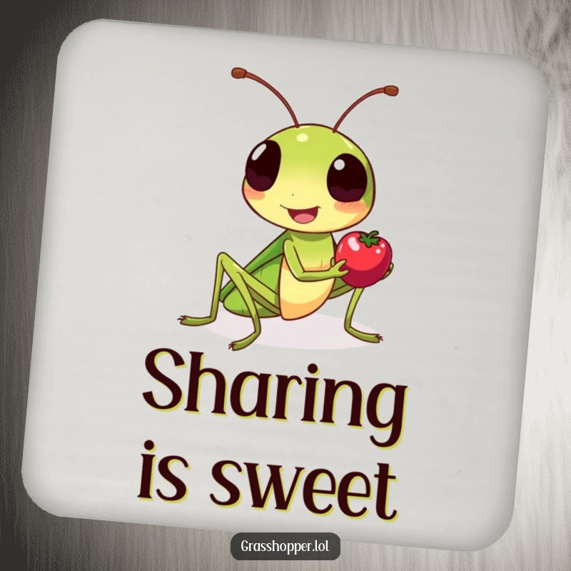 Funny grasshopper coaster, smiling warmly, offering a tiny berry, protecting tables with kindness.