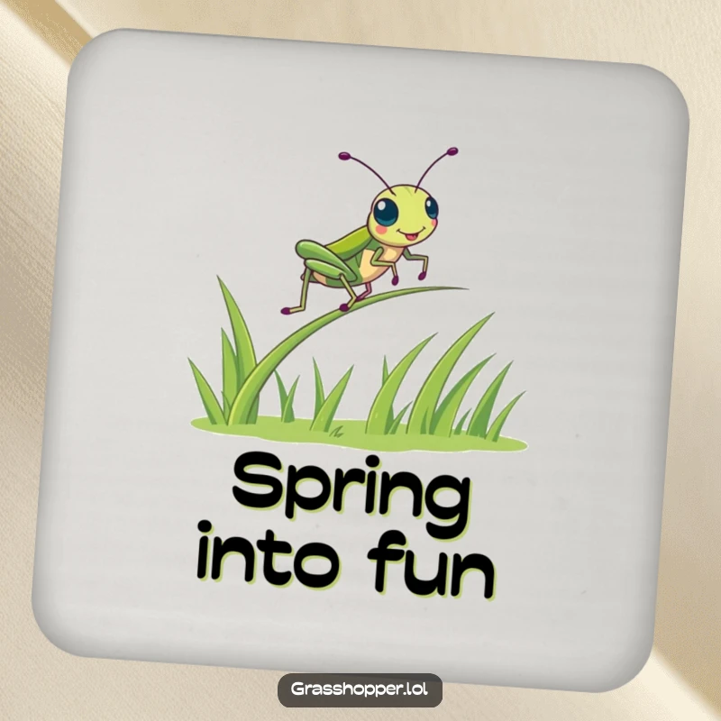 Funny kawaii grasshopper caught in a delightful bounce on a drink coaster, cute and functional home decor gift.