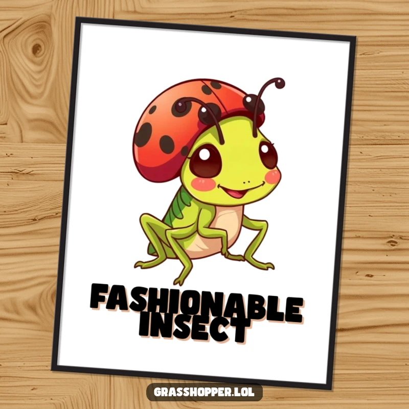 Funny cheerful grasshopper wearing a ladybug as a hat, charming illustration, vibrant poster gift.