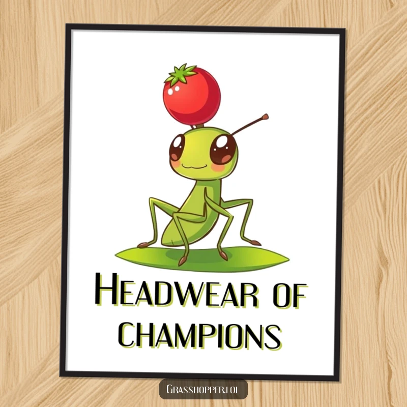 Funny Grasshopper Poster showcasing a grasshopper balancing a red berry on its head, adding charming decor.