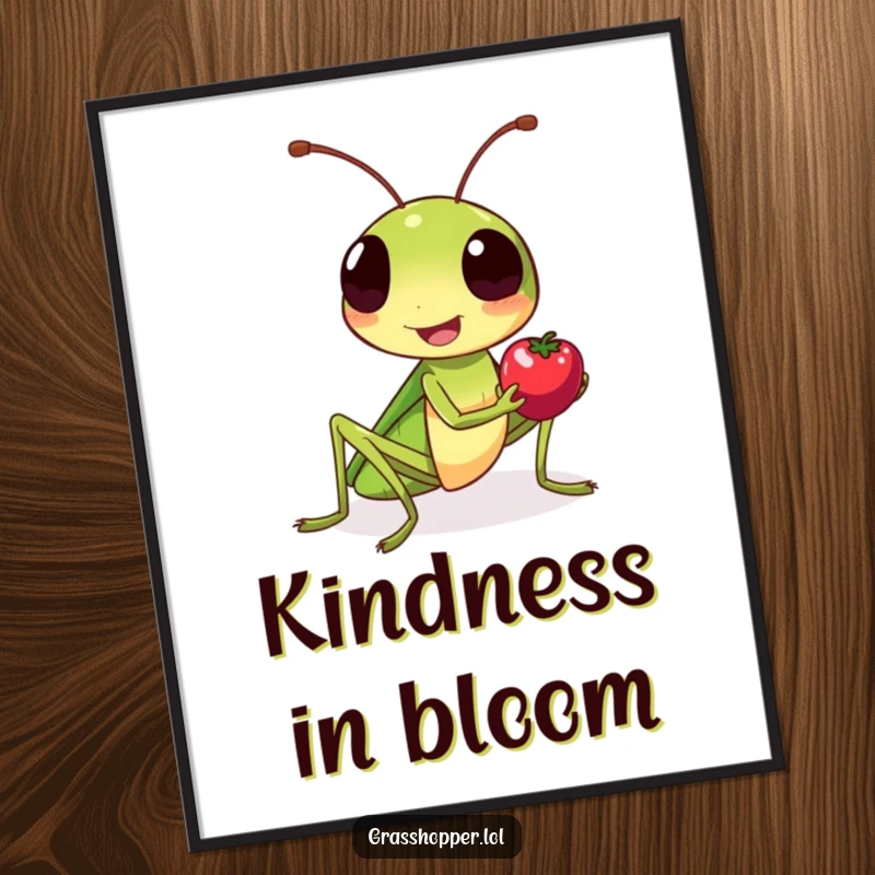 Funny grasshopper poster, with a friendly smile, offering a tiny berry, spreading generosity and kindness.
