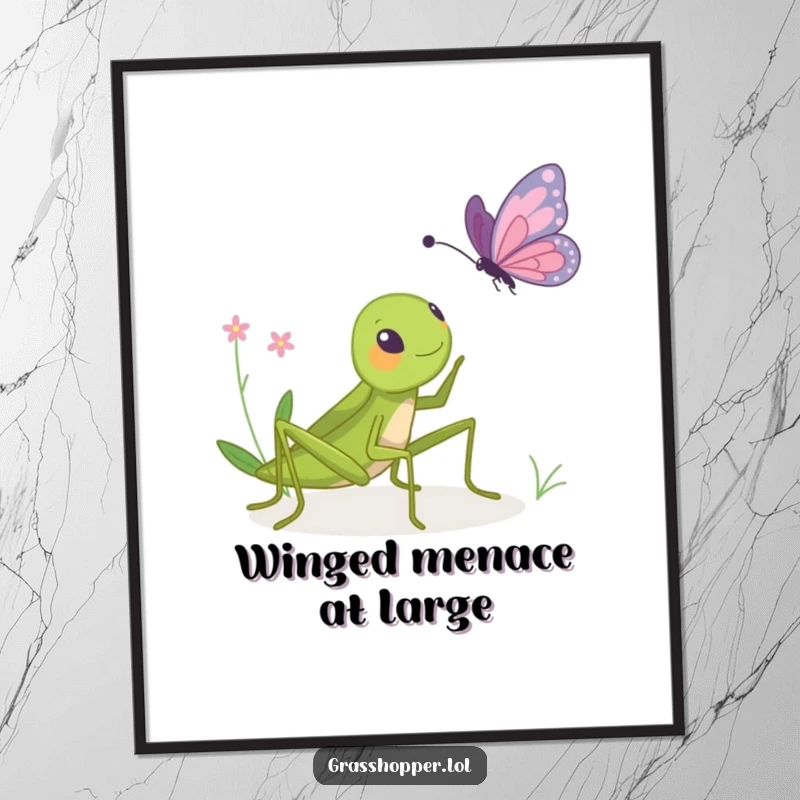 Funny poster depicting a grasshopper playfully bopping a butterfly, showcasing a moment of charming insect mischief and humor.