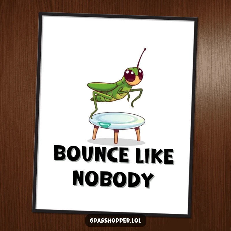 Funny Poster of a grasshopper gleefully bouncing on a dewdrop, presented as a tiny trampoline, creating a joyful scene.