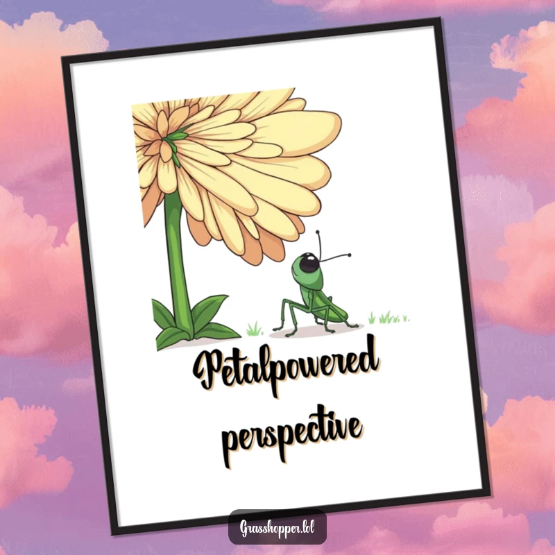 Funny grasshopper poster showing a tiny insect gazing upwards in wonder at an incredibly large and colorful flower, perfect wall art.