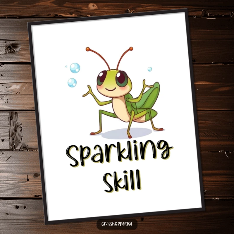 Funny grasshopper character cheerfully juggling dewdrops with its legs on this poster, a delightful funny gift.